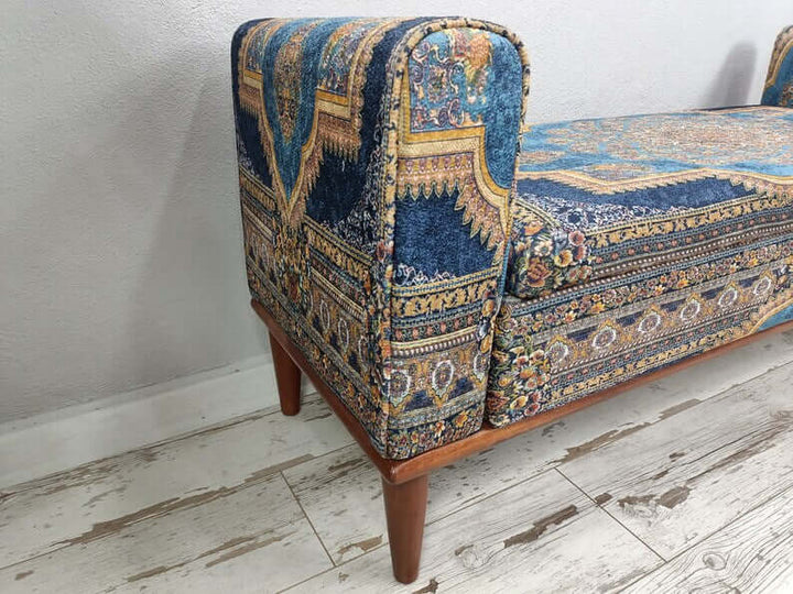 Square Ottoman Bench, Bedroom Ottoman Wooden Bench, Upholstered with Turkish Patchwork Bench, Stylish Ottoman Small Footstool Shoe Changing Bench