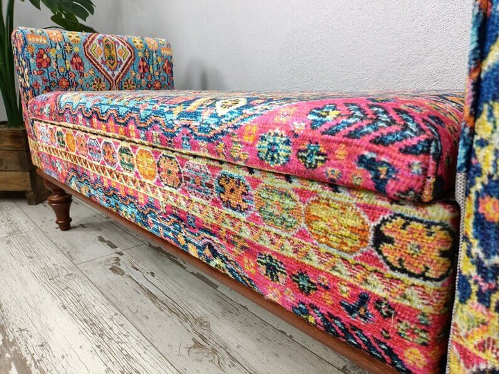 Bedroom Ottoman Wooden Bench, Upholstered with Turkish Patchwork Bench, Stylish Ottoman Small Footstool Shoe Changing Bench