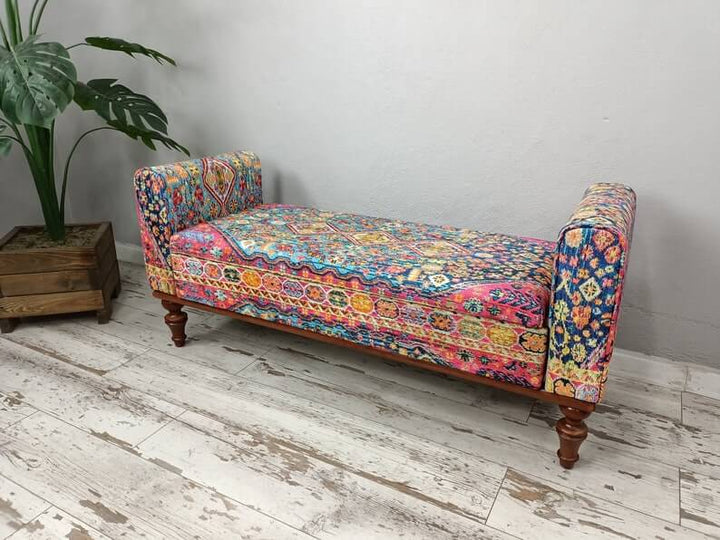 Aztec Entryway Handmade Bench, Oriental Printed Fabric Upholstered Ottoman Bench, Dressing Table Set Bench Ottoman Upholstered with Printed Rug Handmade Bench