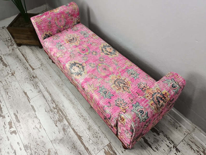 Pet Friendly Upholstered Bench, Oriental Printed Fabric Upholstered Ottoman Bench, Dressing Table Set Bench, Anatolian Upholstered Wooden Footstool Bench