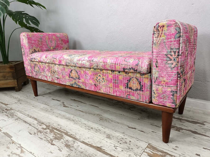 Modern Stool Bench Ottoman for Living Room Entryway, Aztec Entryway Handmade Bench, Oriental Printed Fabric Upholstered Ottoman Bench