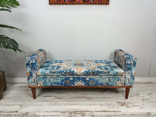 King Size Ottoman Bench with Storage, Blue Modern Livingroom Decor Furniture Bench, Embroidered Wooden Stool Bench, Farmhouse Bench