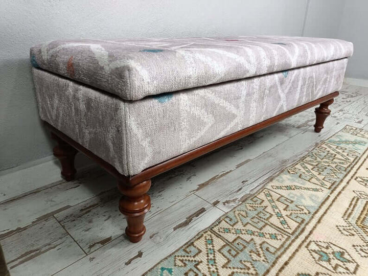 Oriental Printed Fabric Upholstered Ottoman Bench, Dressing Table Set Bench, New House Decorative Bench, Practical Upholstered Footstool Bench