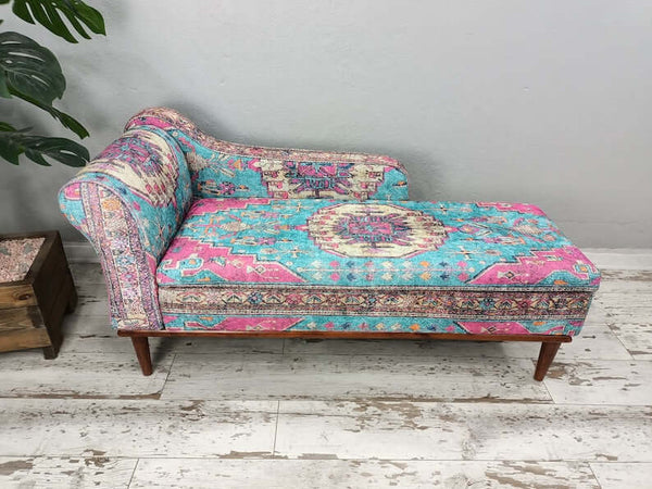 Boho handmade storage furniture, Wooden Leg Ottoman Chaise Lounge with Small Stand, Sofa Tea Seat Padded Stool Chaise Lounge, Oriental Leg Stool Chaise Lounge