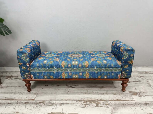 Blue Floral Reading Bench, Small Foot Rest Ottoman, Velvet Foot Stools Ottoman with Storage, Stable Footrest Ottoman for Living Room