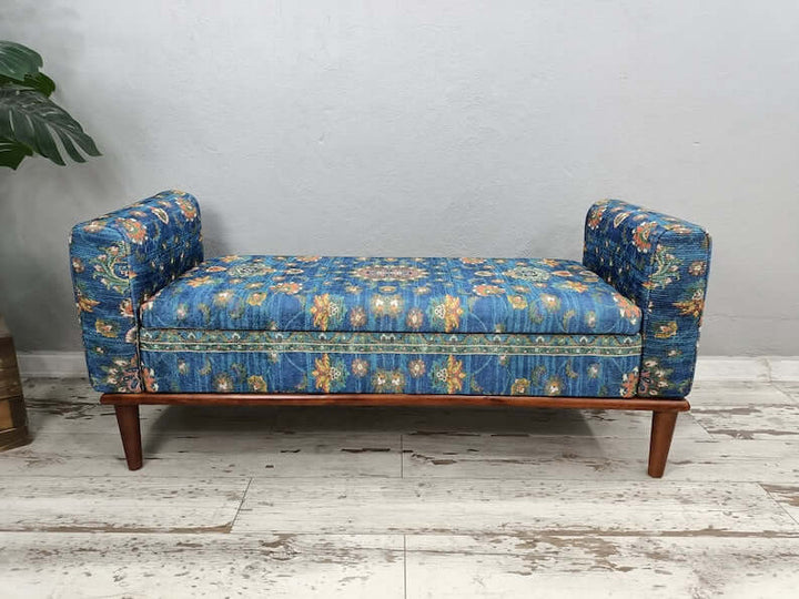 Oriental Printed Fabric Upholstered Ottoman Bench, Dressing Table Set Bench Ottoman Upholstered with Printed Rug Handmade Bench, Farmhouse Bench