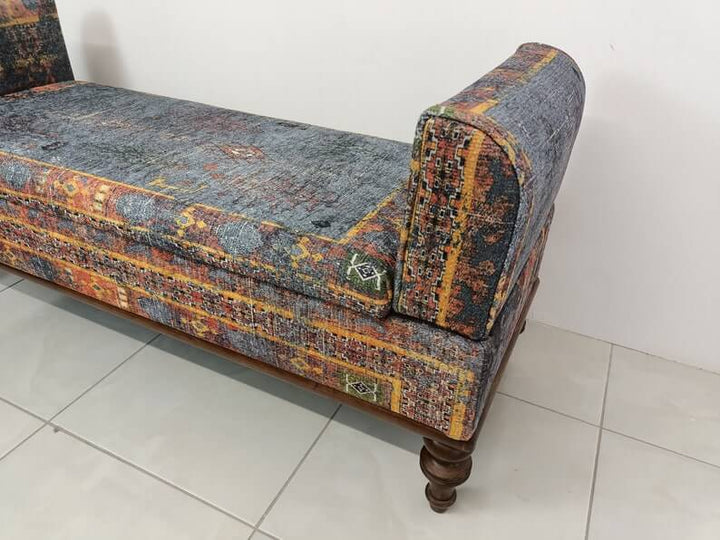 Comfortable Outdoor Reading Wooden Bench, Bench With Soft Fabric Upholstery, Woodworker Large Size Printed Bench, Close-up of Bohemian Pattern Bench