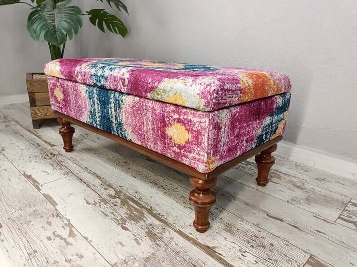 Oriental Printed Fabric Upholstered Ottoman Bench, Dressing Table Set Bench Ottoman Upholstered with Printed Rug Handmade Bench