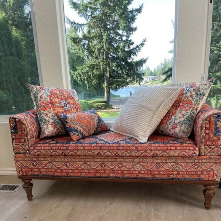 Oriental Printed Fabric Upholstered Ottoman Bench, Dressing Table Set Bench Ottoman Upholstered with Printed Rug Handmade Bench