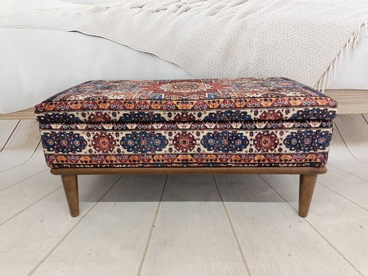 Aztec Entryway Handmade Bench, Oriental Printed Fabric Upholstered Ottoman Bench, Children Bench Walnut Stool Bench, Rectangle Storage Ottoman Sofa Bench