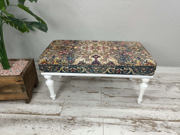 Wooden Shower Stool Small Bench Decoration Square Stand Wooden Footstool, Ottoman Foot Rest Stool Bench, Oriental Printed Fabric Upholstered Ottoman Bench