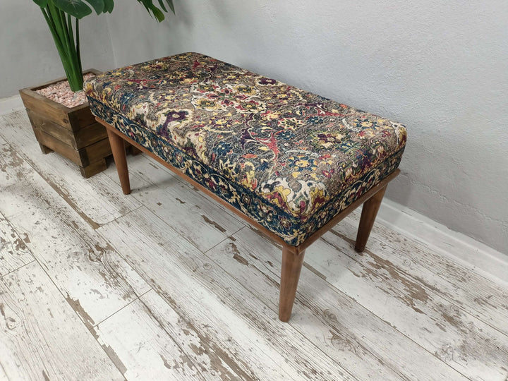 Farmhouse Wooden Riser Small Bench For Kids Steps, Dining Room Ottoman Bench, Coffee Bench Piano Bench, Upholstered with Turkish Patchwork Bench