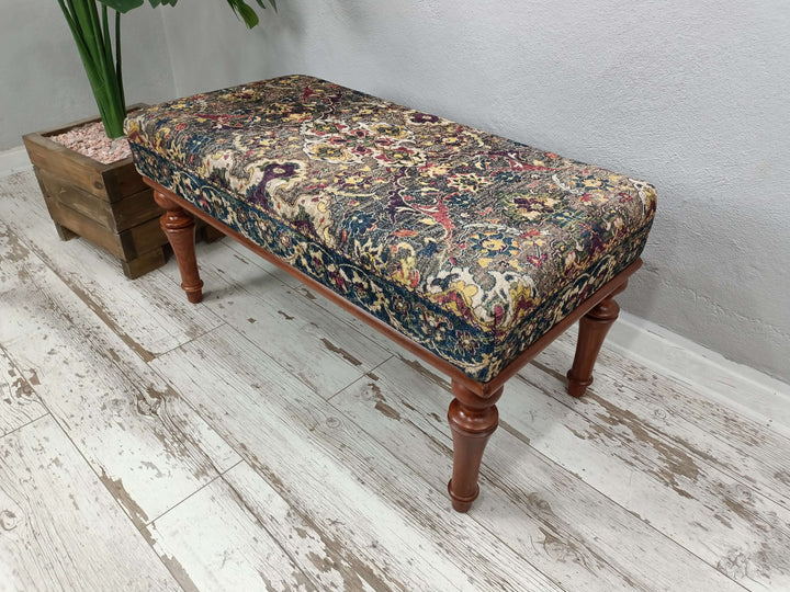 Embroidered Wooden Stool Bench, Bedroom Ottoman Makeup Stool Bench, Padded Foot Stool Small Ottoman Bench Breathable Soft Footstool Bench