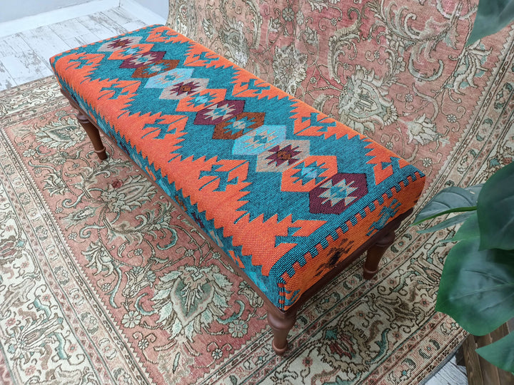 Western Handmade Living Room Bench, Kilim Rug Bench, Ottoman Upholstered Bench, Handmade Furniture, Footstool Bench, Aztec Bench, Farmhouse Decor, Entry Bench