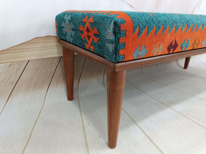 Dressing Table Set Bench Ottoman Upholstered with Printed Rug Handmade Bench, Farmhouse Bench, Dressing room bench, Children Bench Walnut Stool Bench