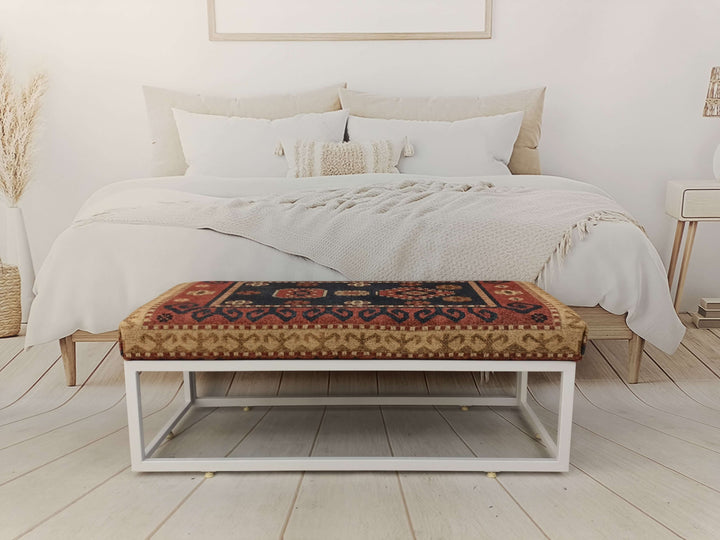 Kilim Pattern Dining Room Ottoman Bench, Durable Wood Leg Bench, Easy To Clean Upholstered Bench, Anatolian Upholstered Wooden Footstool Bench