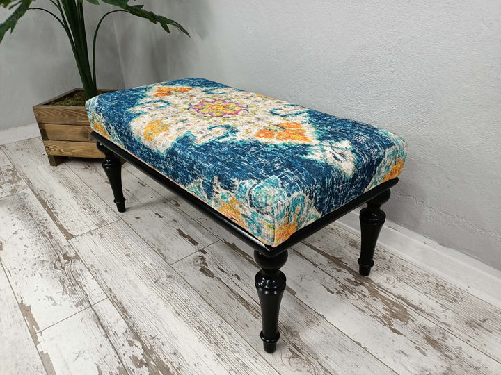 Kilim Pattern Dining Room Ottoman Bench, Durable Wood Leg Bench, Easy To Clean Upholstered Bench, Anatolian Upholstered Wooden Footstool Bench