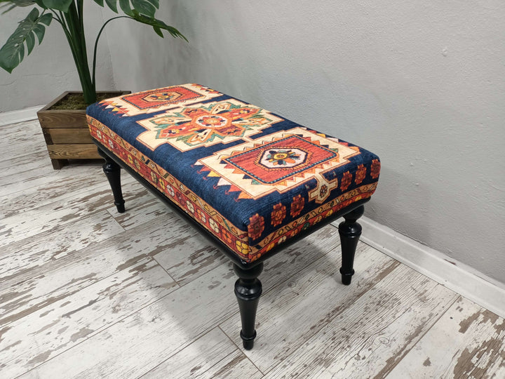 Entry bench, Vintage rug bench, Piano bench, Upholstered bench, Bohemian bench, Ottoman bench, Turkish Kilim Pattern Ottoman Bench with Storage