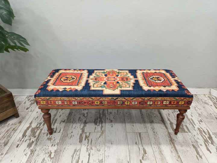 Ottoman Upholstered with Printed Rug Handmade Bench, Farmhouse Bench, Dressing room bench, Window seat, Wooden Leg Bench, Oriental Leg Walnut Footstool Bench,