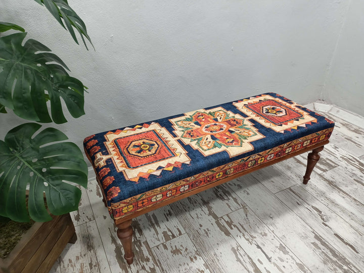 Nomadic Pattern Footstool Bench, Rustic Bench, Traditional Comfort Bench, Oriental Wooden Leg Bench, Eraseble Footstool Bench, Walnut Wooden Footstool Bench