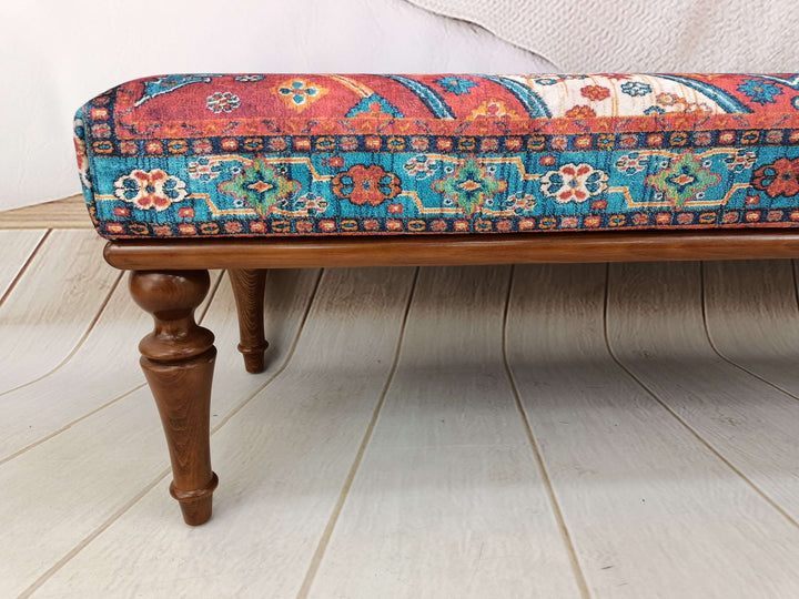 Detailed View Of Upholstered Bench Cushion, Oriental Legs Natural Wooden Decorative Bench, Stylish Bohemian Pattern Upholstered Bench