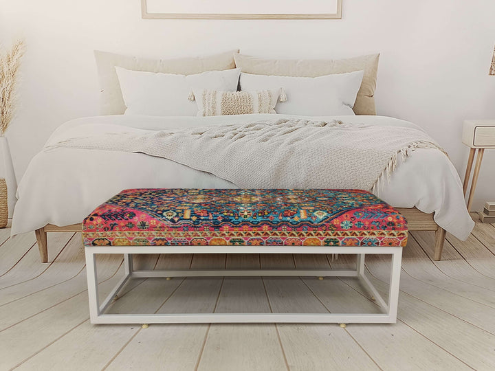 Kilim Pattern Dining Room Ottoman Bench, Durable Wood Leg Bench, Easy To Clean Upholstered Bench, Anatolian Upholstered Wooden Footstool Bench