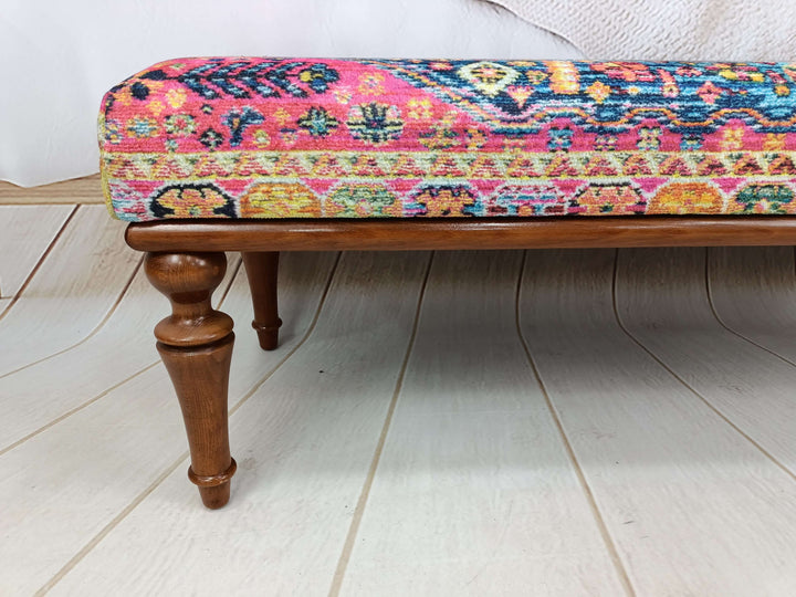 Elegant Decor Bench With Brown Legs, Bedroom Relax Sitting Comfortable Bench, Comfortable Sitting Bench, Wooden Rocking Bench With Oriental Legs