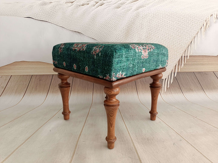 Kilim Pattern Dining Room Ottoman Bench, Durable Wood Leg Bench, Easy To Clean Upholstered Bench, Anatolian Upholstered Wooden Footstool Bench