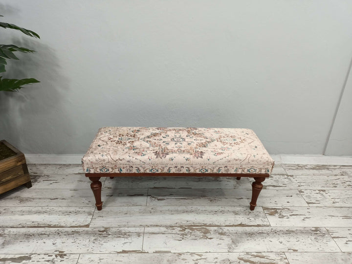 Comfortable Sitting Bench, Wooden Rocking Bench With Oriental Legs Wooden Bench Soft Fabric Upholstery, Conical Leg Upholstered Bench, Quality Rocking Bench