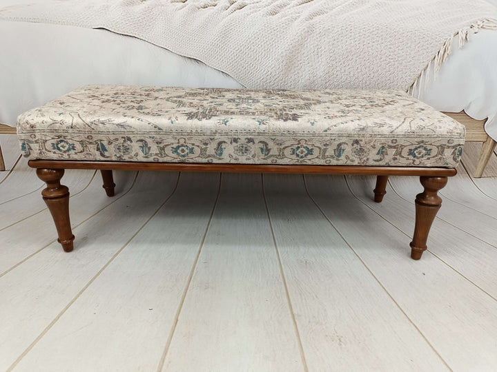 Kilim Pattern Dining Room Ottoman Bench, Durable Wood Leg Bench, Easy To Clean Upholstered Bench, Anatolian Upholstered Wooden Footstool Bench