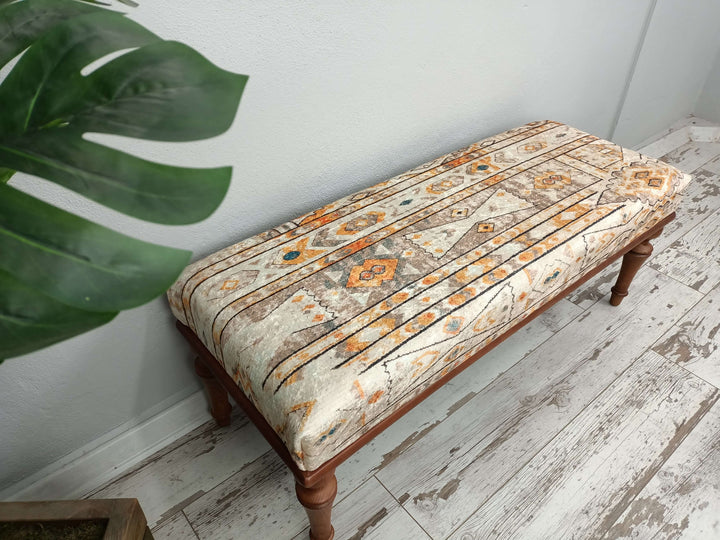 Wooden Bench Soft Fabric Upholstery, Conical Leg Upholstered Bench, Quality Rocking Bench, Bedroom Decor Bench, Wooden Leg Bench