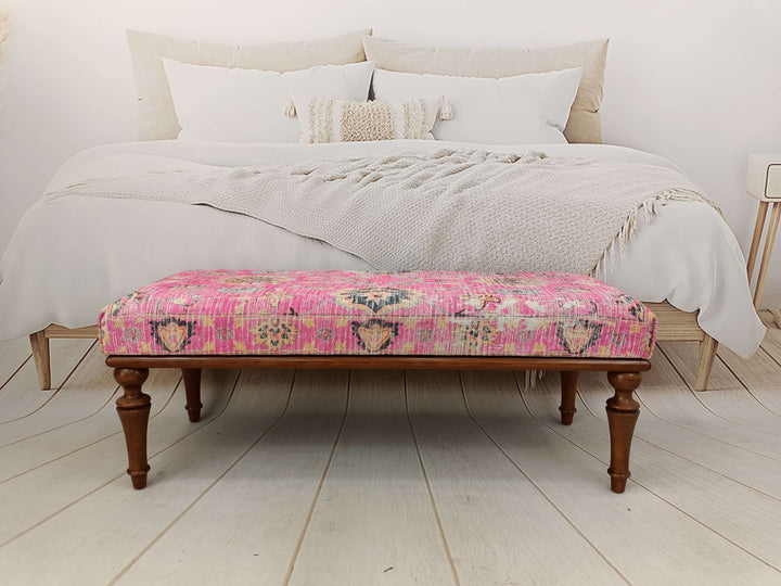 Handmade Ottoman Benchi Pink Sitting Bench, Entrancehall Showy Bench, Kilim Pattern Oriental Leg Footstool Bench, Bohemian Decorative Bench, Farmhouse Bench