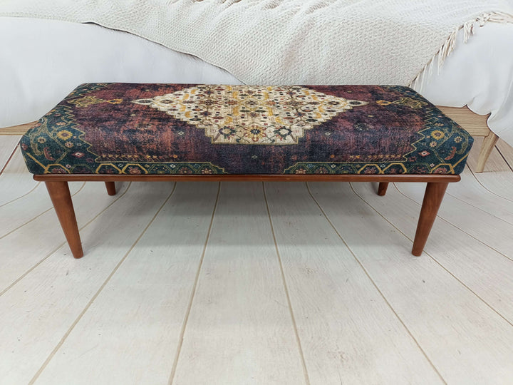 Turkish Pattern Dining Room Ottoman Bench, Durable Wood Leg Bench, Easy To Clean Upholstered Bench, Anatolian Upholstered Wooden Footstool Bench