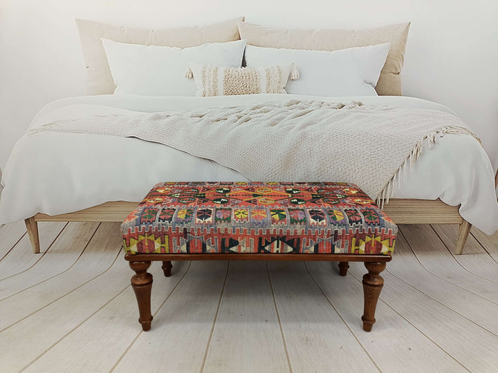 End Of Bed Bench, Turkish Kilim Pattern Ottoman Bench with Storage, Upholstered Bench, Turkish Bench, Storage Dresser Bench, Industrial Style Kitchen Bench