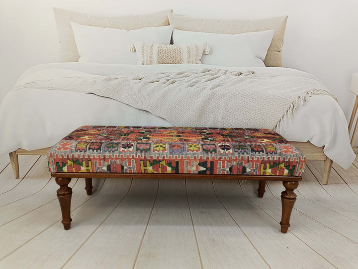 Eco Friendly Bench, Pet Friendly Upholstered Bench, Oriental Printed Fabric Upholstered Ottoman Bench, Dressing Table Set Bench Ottoman Upholstered with Printed Rug Handmade Bench