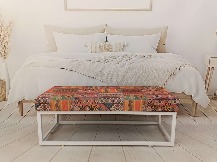 Patchwork Boho Vintage Ottoman Bench, Handcrafted Ottoman Bench With Interior, Ottoman Velvet Upholstered Bench, Stylish Bohemian Pattern Upholstered Bench