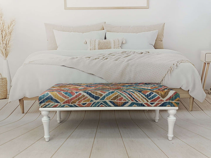 Detailed View Of Upholstered Bench Cushion, Oriental Legs Natural Wooden Decorative Bench, Stylish Bohemian Pattern Upholstered Bench