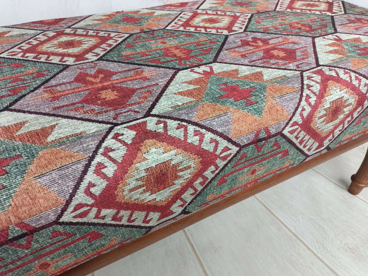 Oriental Legs Natural Wooden Decorative Bench, Stylish Bohemian Pattern Upholstered Bench, Entrance Hall Modern Decor Sitting Bench, Home Rocking Bench, Mid Century Modern Upholstered Fabric Rocking Bench, Movie To Watch Comfort Bench