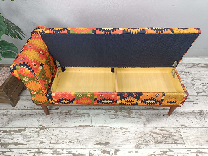 Oriental Printed Fabric Upholstered Ottoman Bench, Dressing Table Set Bench, New House Decorative Bench, Practical Upholstered Footstool Bench