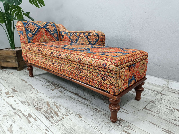 Modern Relaxation Chaise Lounge with Backrest, Stylish Bohemian Pattern Upholstered Chaise Lounge, Detailed View Of Upholstered Chaise Lounge Cushion