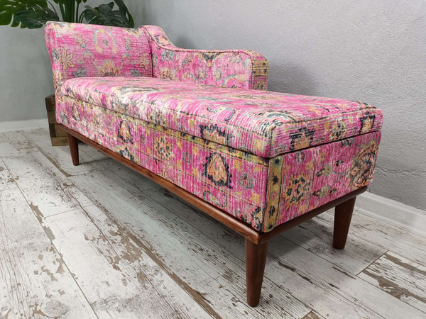 Pink Oushak rug pattern storage bench, fancy Chaise Lounge, new house decor Chaise Lounge, Mid-century Chaise Lounge, Woodworker Large Size Printed Chaise Lounge