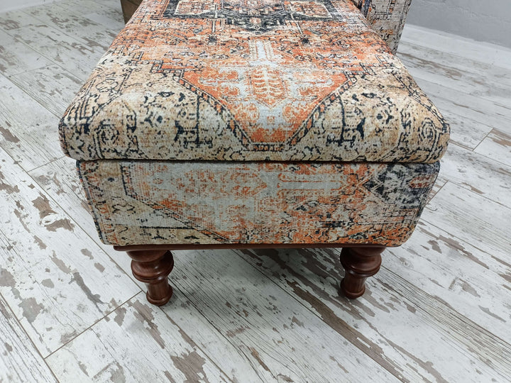 Oriental Printed Fabric Upholstered Ottoman Bench, Dressing Table Set Bench Ottoman Upholstered with Printed Rug Handmade Bench