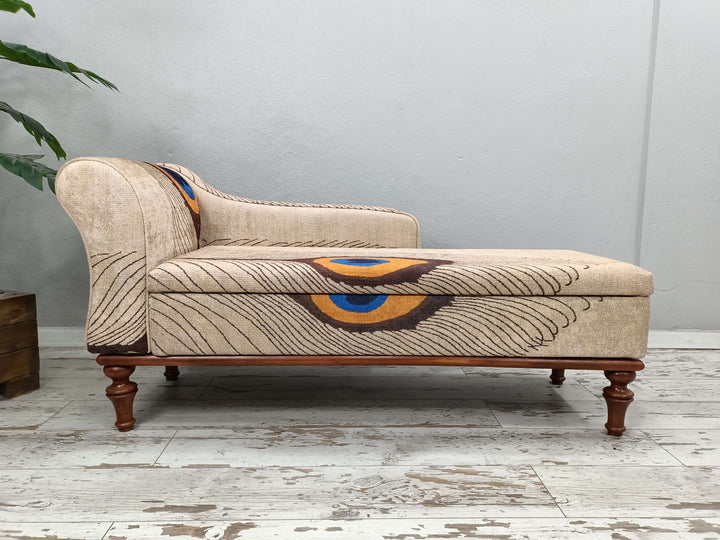 Peacock Boho storage chaise lounge, Designer Chaise Lounge, Elegant Large Chaise Lounge, feeding Chaise Lounge, farmhouse Chaise Lounge, hotel lobby Chaise Lounge