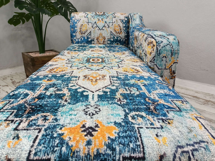 Close-up of Bohemian Pattern Chaise Lounge Seat,Teddy Upholstered Cloud Chaise Lounge, Velvet Fabric Upholstered Chaise Lounge, Blue Chaise Lounge