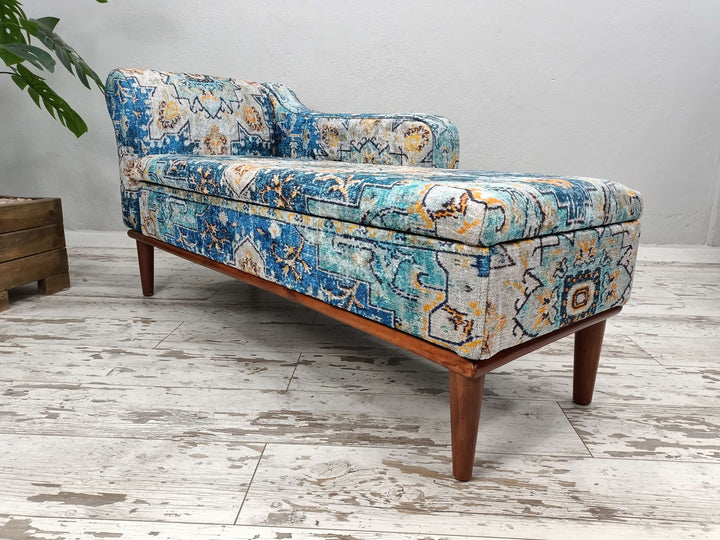 Woodworker Large Size Printed Chaise Lounge, Close-up of Bohemian Pattern Chaise Lounge Seat, Rectangular Ottoman Chaise Lounge, Modern Living Room Chaise Lounge