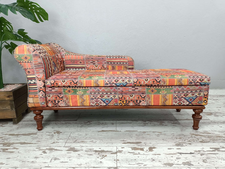 Kilim Pattern Storage Chaise Lounge, Orange Chaise Lounge, Pet Friendly Upholstered Chaise Lounge, Modern Chaise Lounge with Wooden Base