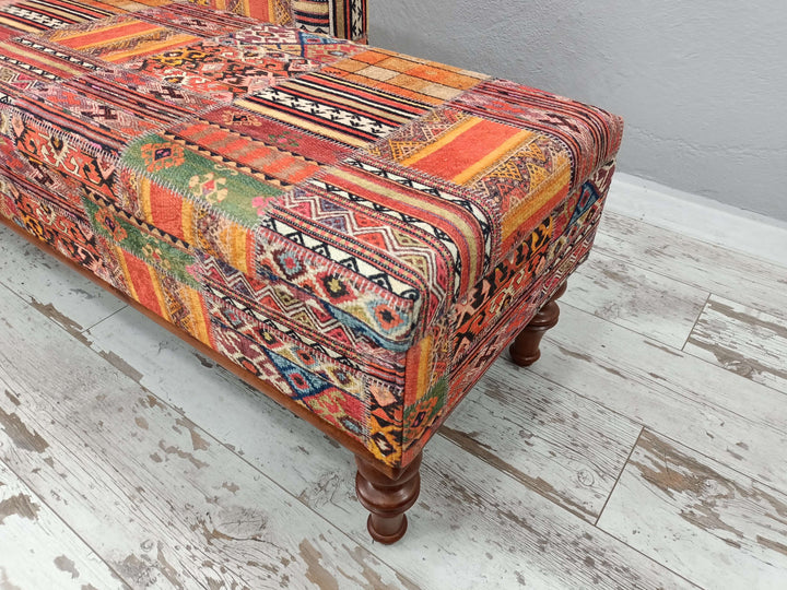 Turkish Kilim Pattern Ottoman Chaise Lounge with Storage, Upholstered Chaise Lounge, Turkish Chaise Lounge, Storage Dresser Chaise Lounge