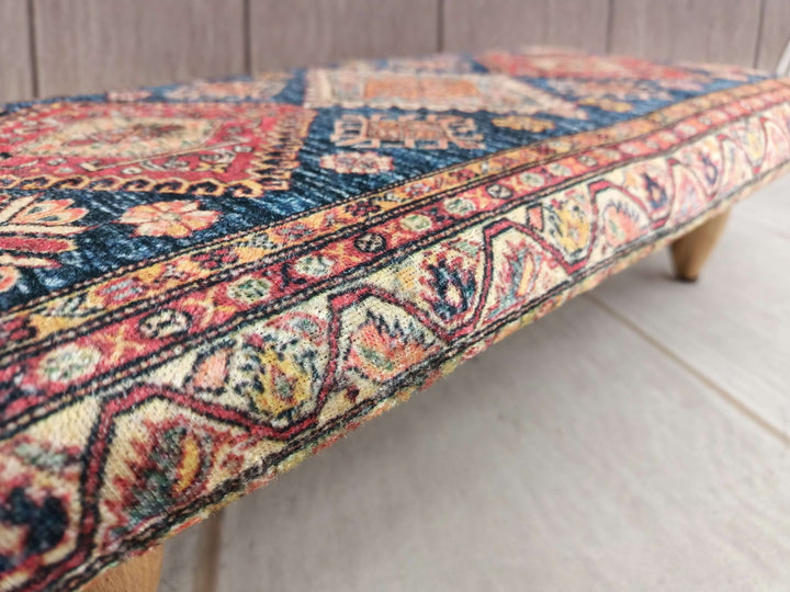 Kilim Pattern Dining Room Ottoman Bench, Durable Wood Leg Bench, Easy To Clean Upholstered Bench, Anatolian Upholstered Wooden Footstool Bench