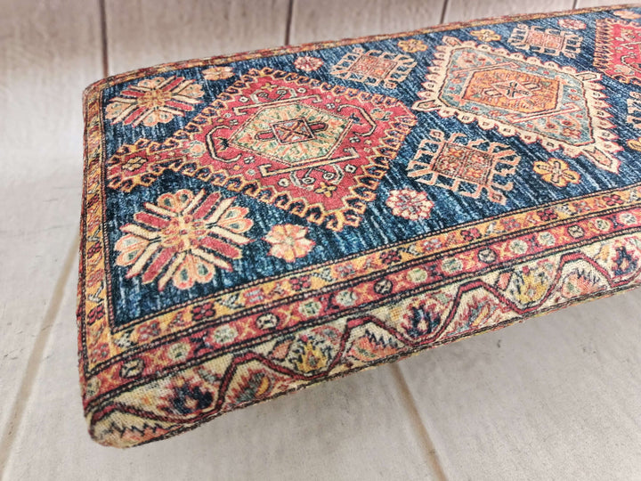 Ottoman Upholstered with Printed Rug Handmade Bench, Farmhouse Bench, Dressing room bench, Window seat, Wooden Leg Bench, Oriental Leg Walnut Footstool Bench,