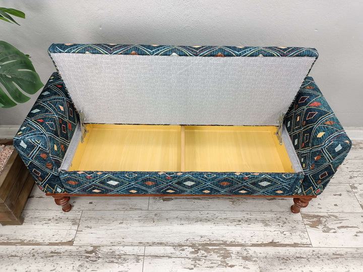 Fabric Upholstered Single Sofa, Bench with Arms, Durable Wood Leg Bench, Easy To Clean Upholstered Bench, Kilim Pattern Dining Room Ottoman Bench